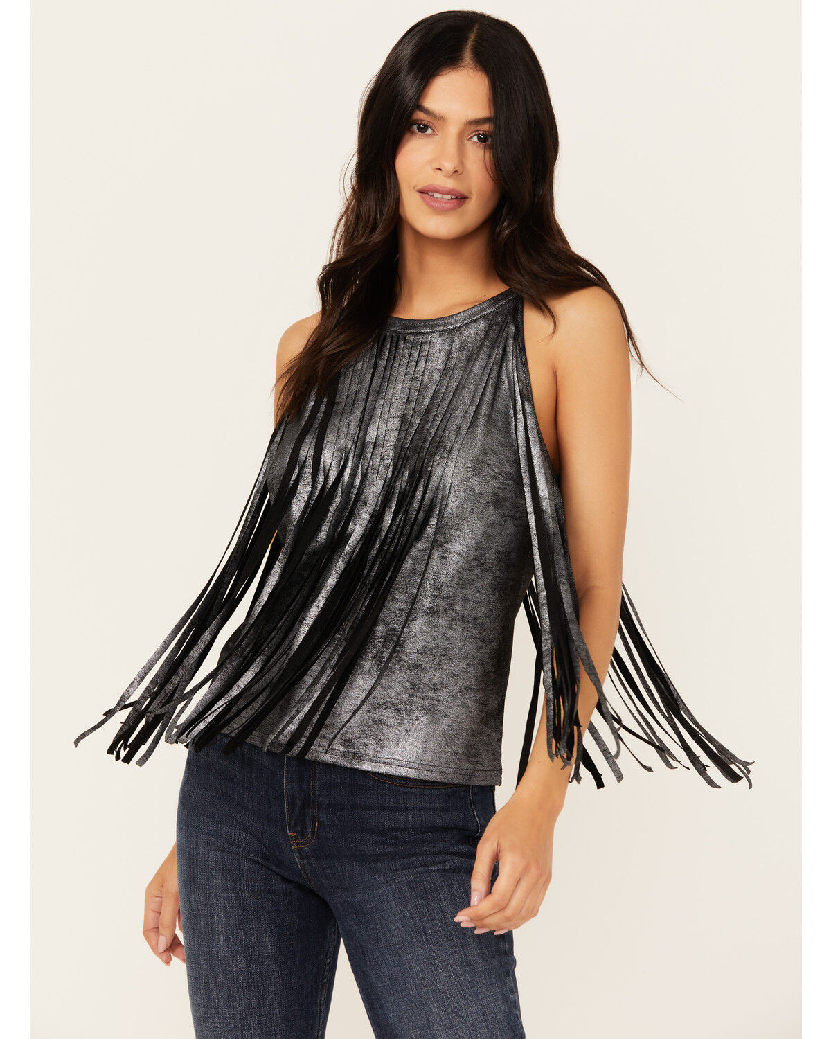 Image #1 - Idyllwind Women's Prescott Foiled Faux Suede Fringe Tank, Black, hi-res