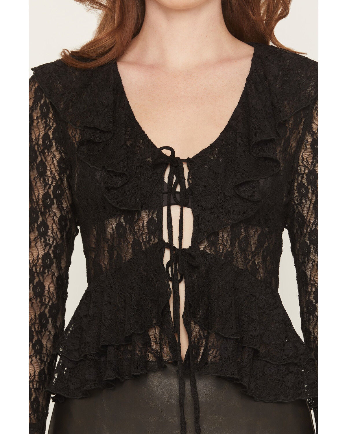 Image #3 - Ash  & Violet Women's Lace Long Sleeve Tie-Front Top, Black, hi-res