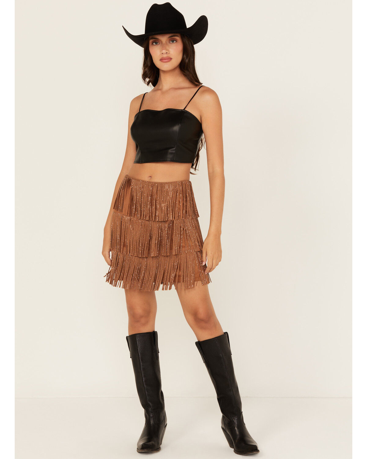 Image #1 - Fornia Women's Rhinestone Fringe Faux Suede Mini Skirt, Camel, hi-res
