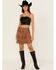 Image #1 - Fornia Women's Rhinestone Fringe Faux Suede Mini Skirt, Camel, hi-res