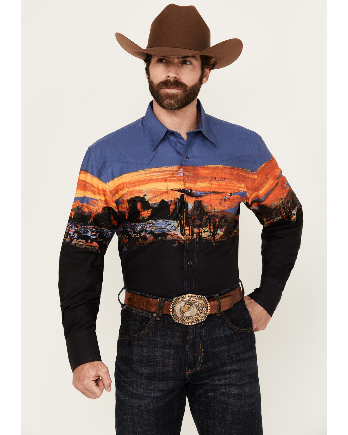 Image #1 - Wrangler Men's Checotah Border Print Long Sleeve Snap Western Shirt, Multi, hi-res