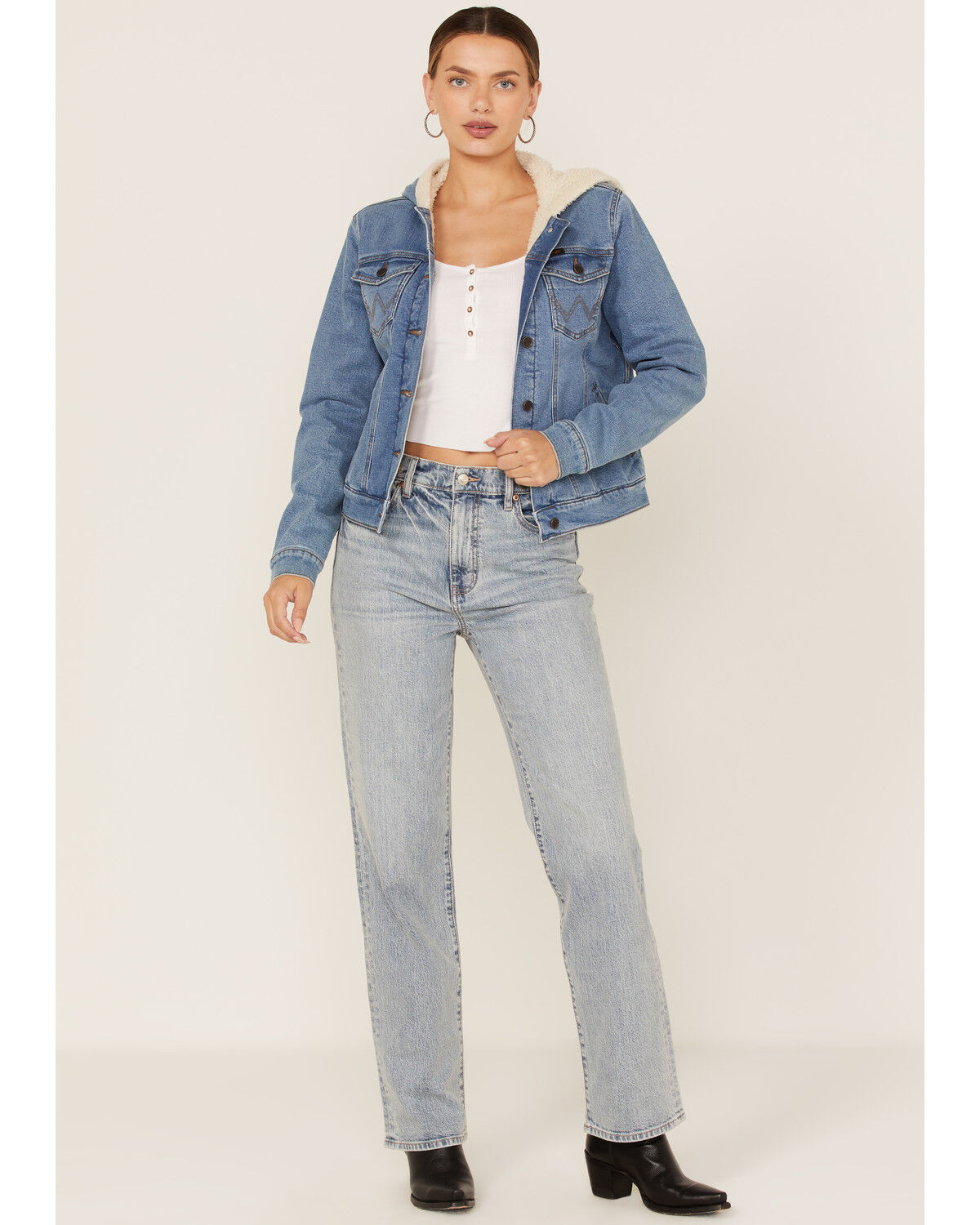Image #2 - Wrangler Women's Medium Wash Sherpa Lined Denim Jacket, , hi-res