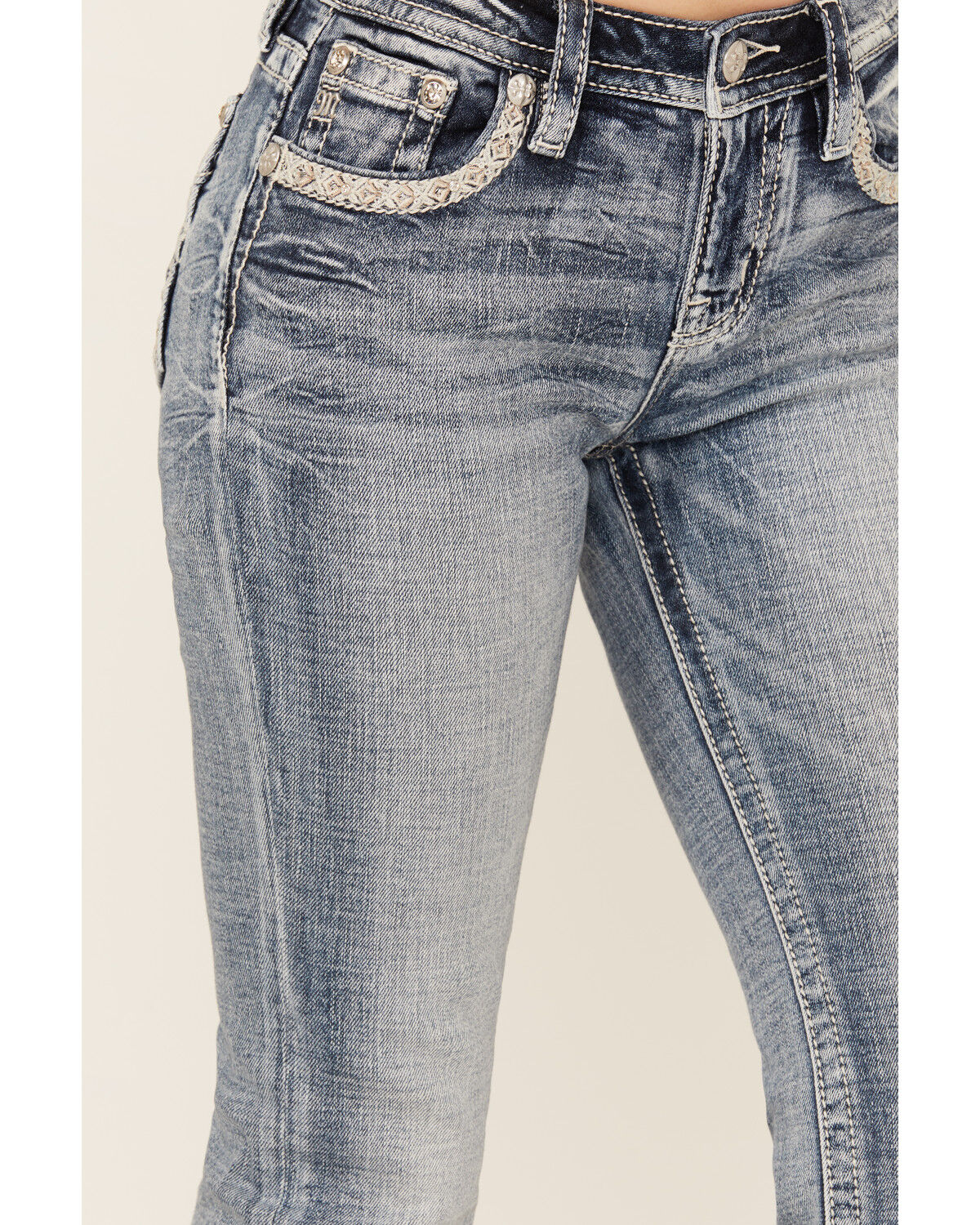 Image #4 - Miss Me Women's Medium Wash Mid Rise 34" Bootcut Stretch Denim Jeans, Medium Wash, hi-res
