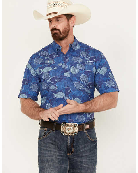 Ariat Men's VentTEK Outbound Fish Print Short Sleeve Button-Down Shirt - Big, Blue, hi-res