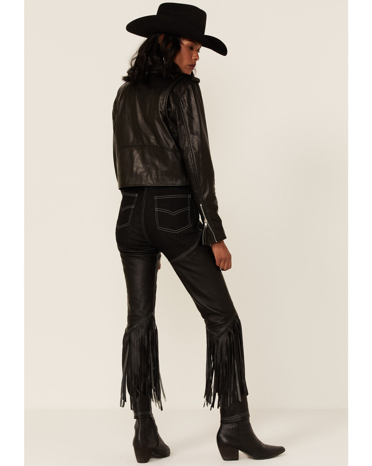 Image #4 - Understated Leather Women's Cowboy Denim & Leather Fringe Chap Jeans, Black, hi-res