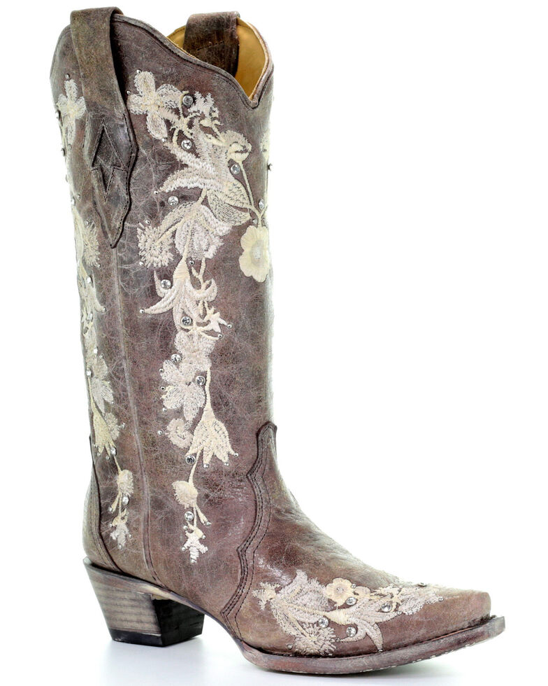Corral Women's Flower Embroidery Western Boots - Snip Toe, Coffee, hi-res