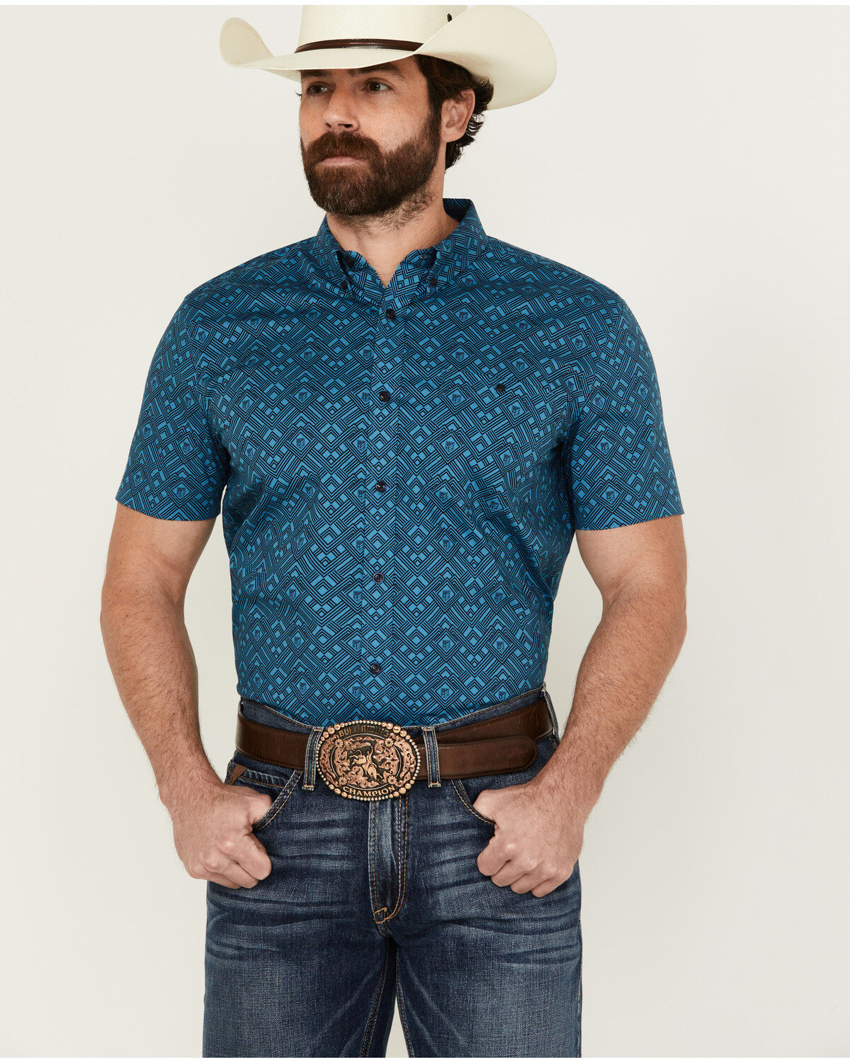 Image #1 - RANK 45® Men's Interlock Plains Abstract Geo Print Short Sleeve Button-Down Stretch Western Shirt, Medium Blue, hi-res