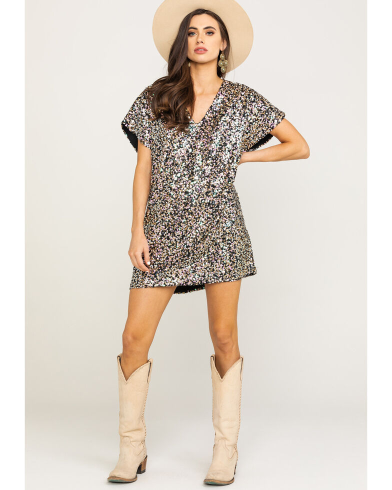 By Together Women's Gold & Silver Sequin Short Sleeve Mini Dress, Gold, hi-res