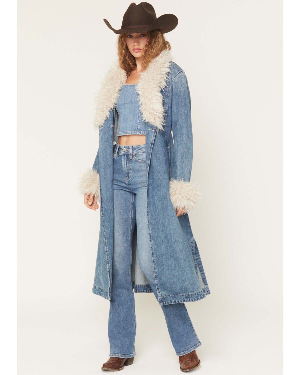 Idyllwind Women's Thistle Long Denim Fur Collar Trench Coat
