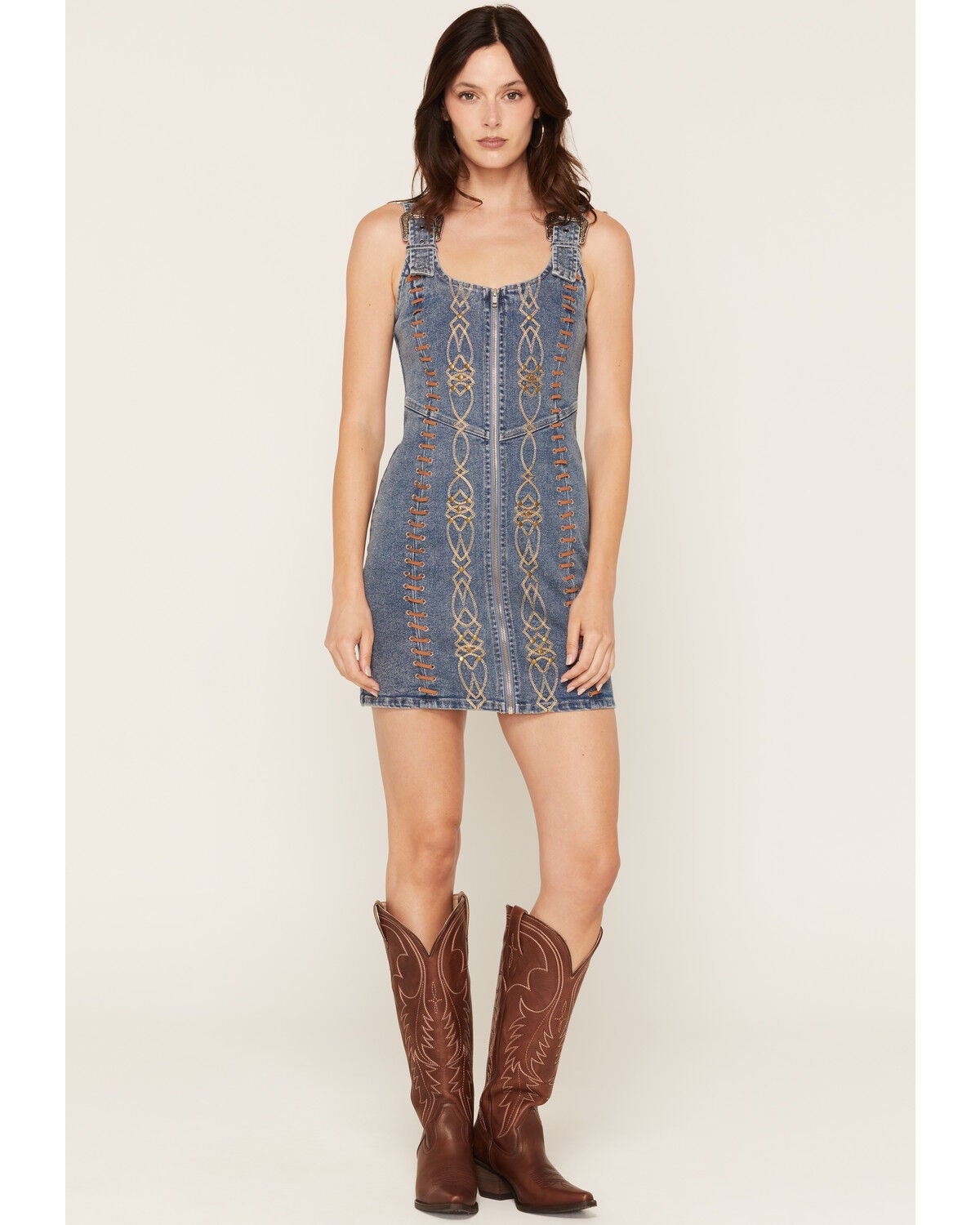 Blue B Women's Medium Wash Embroidered Denim Mini Dress, Medium Wash, hi-res