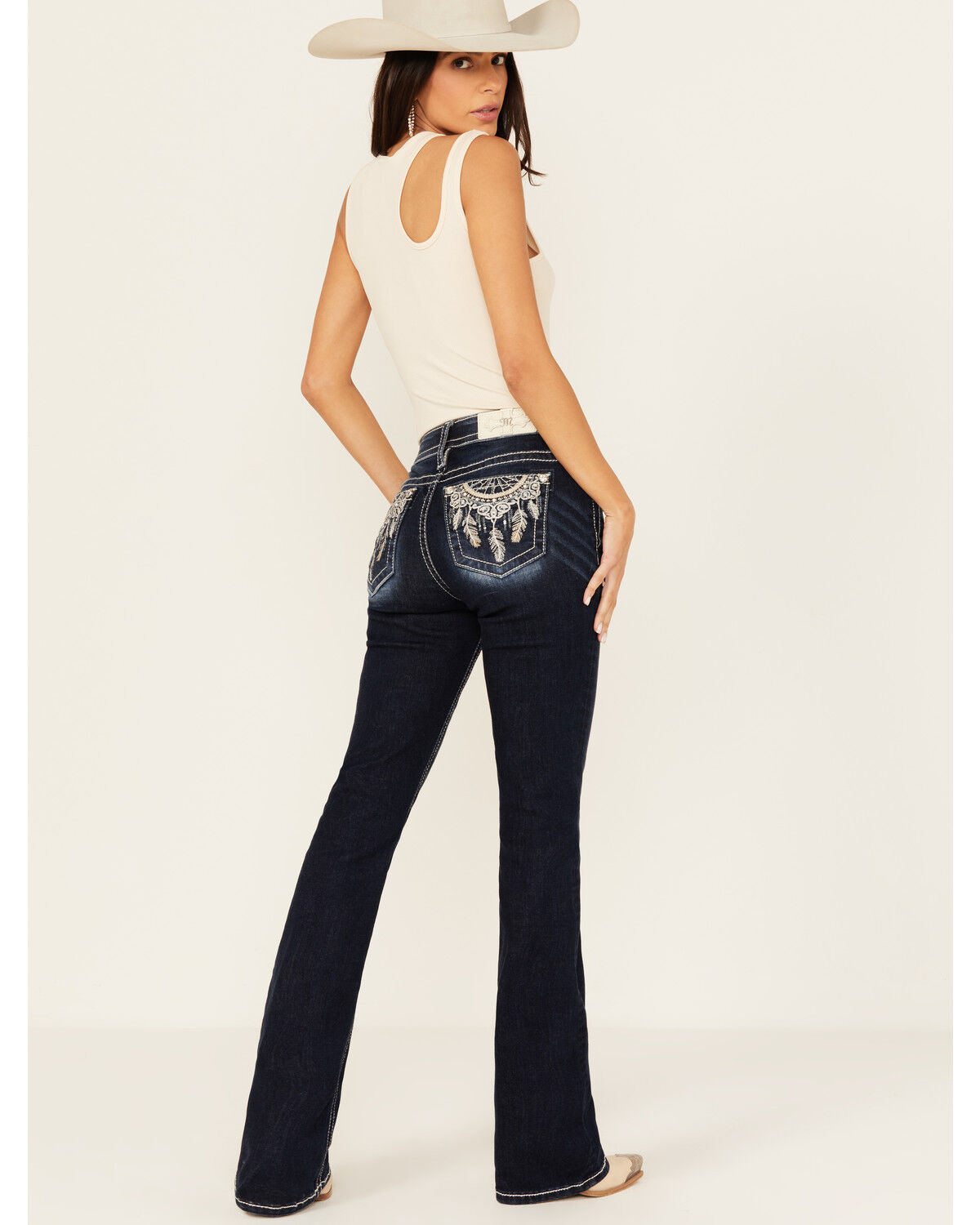 Image #1 - Miss Me Women's Dark Wash Mid Rise Dream Catcher Pocket Bootcut Stretch Denim Jeans, Dark Wash, hi-res