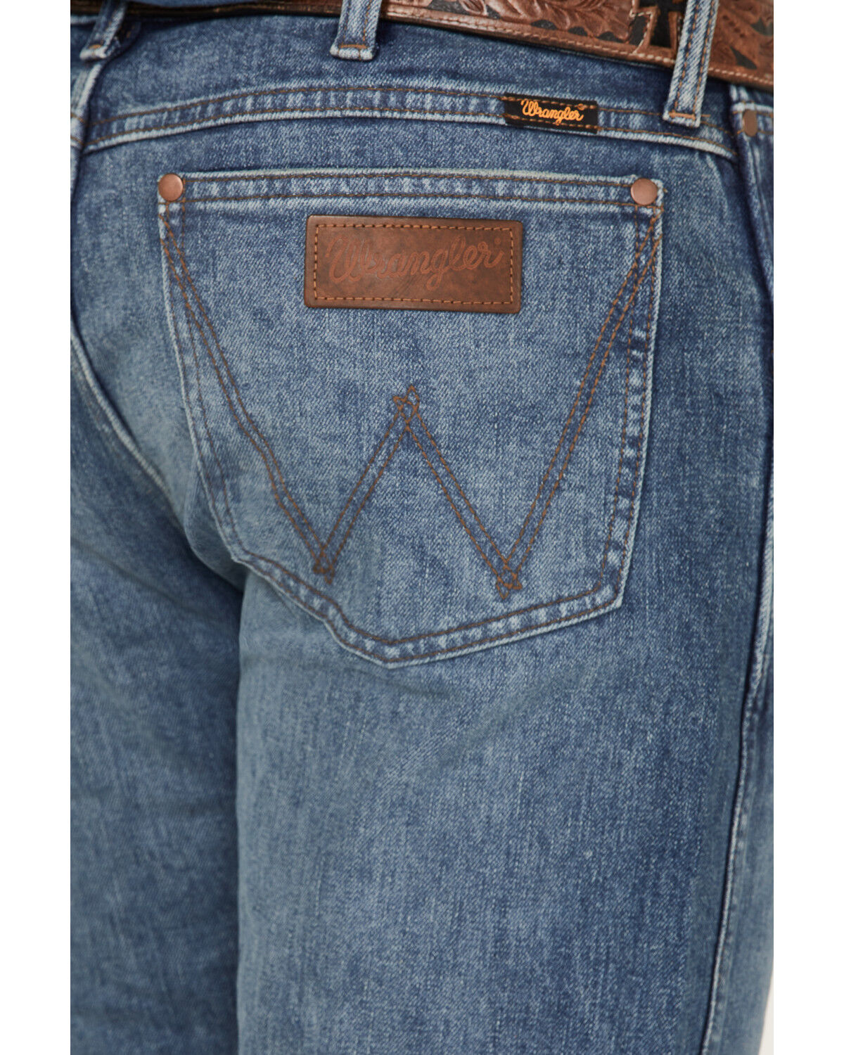 Image #4 - Wrangler Retro Men's Faded Indigo Medium Wash Stretch Slim Straight Premium Green Jeans, , hi-res