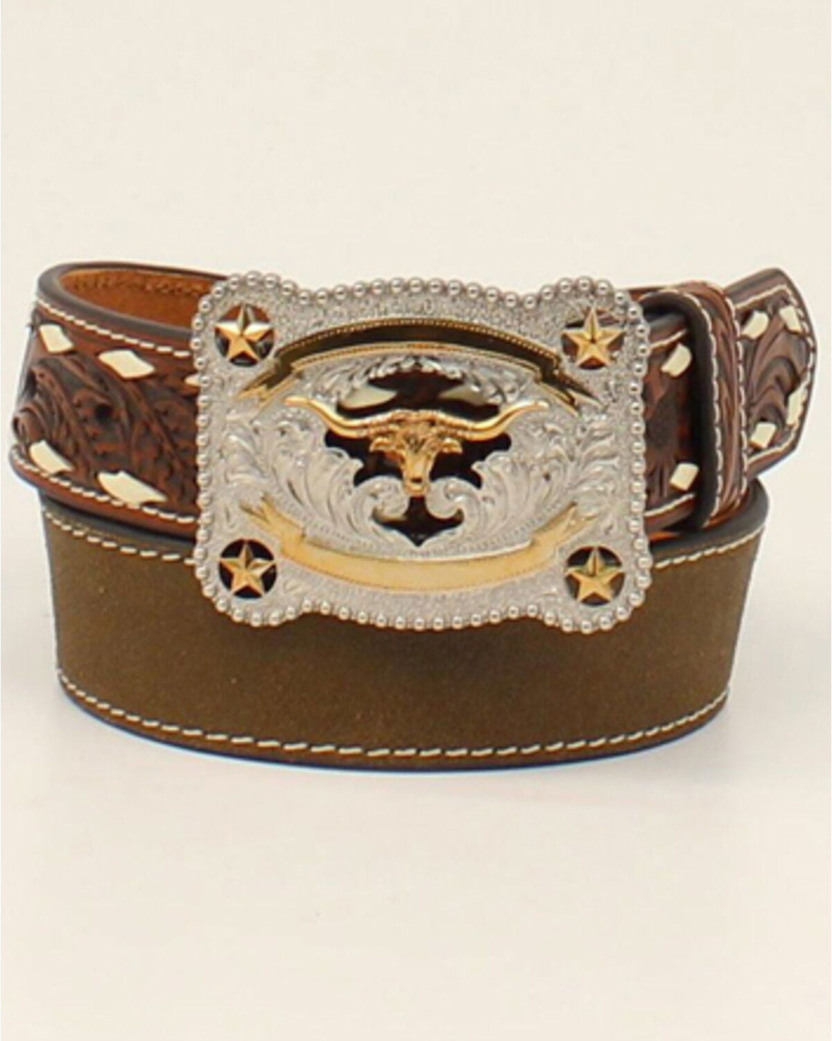 Cody James Boys' Longhorn Buckle Tooled Western Belt, Brown, hi-res
