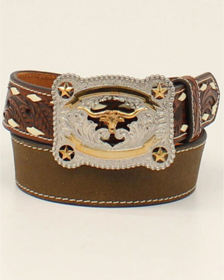 Cody James Boys' Longhorn Buckle Tooled Western Belt, Brown, hi-res