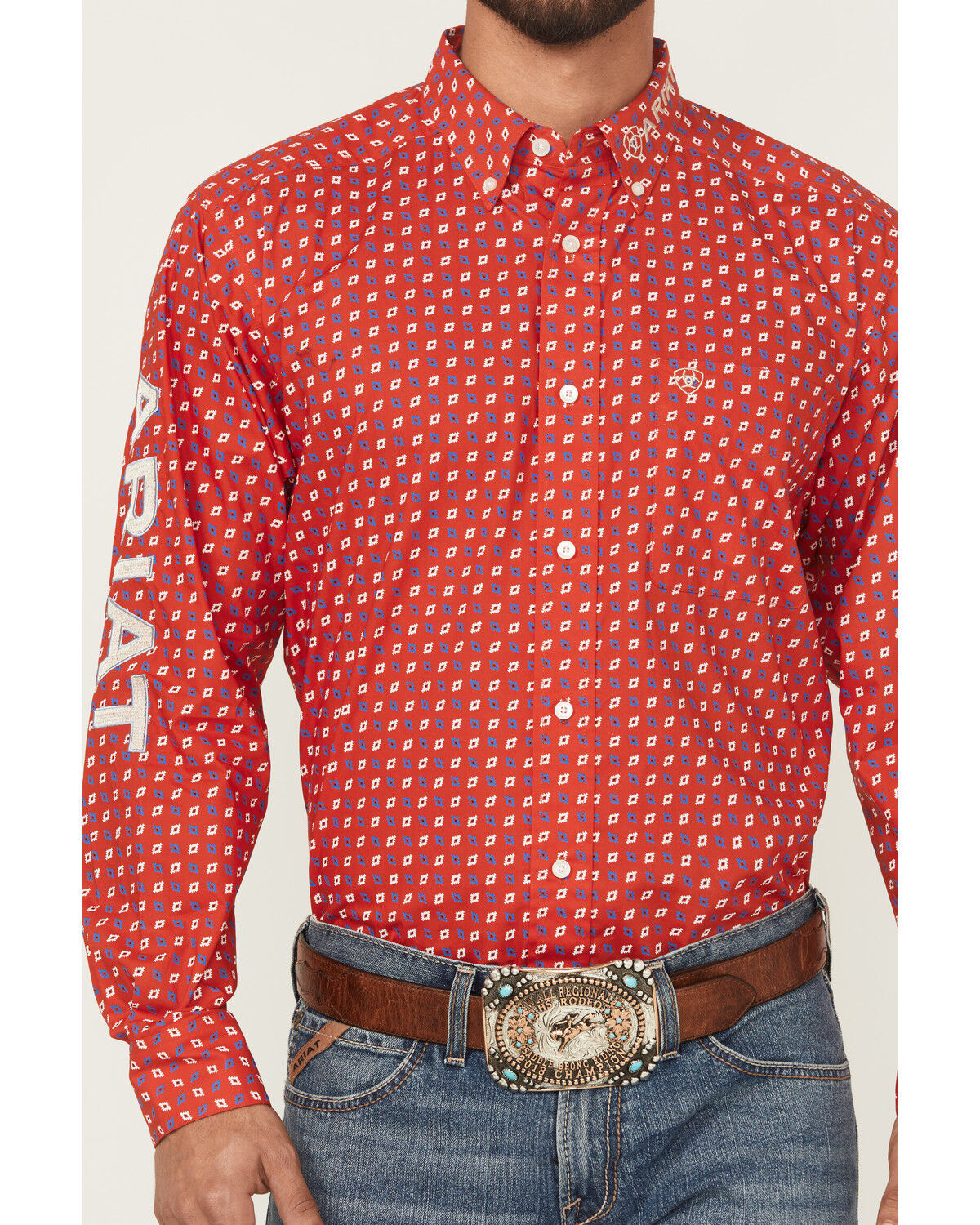 Image #3 - Ariat Men's Team Fallon Geo Print Long Sleeve Button-Down Western Shirt, Red, hi-res