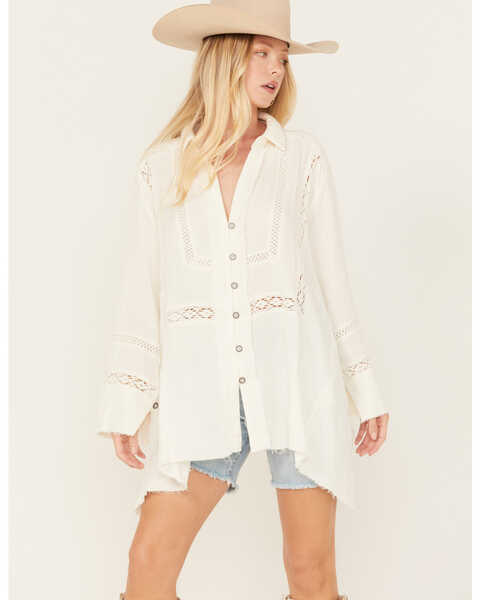 Free People Women's Ranch Wash Long Sleeve Top , White, hi-res
