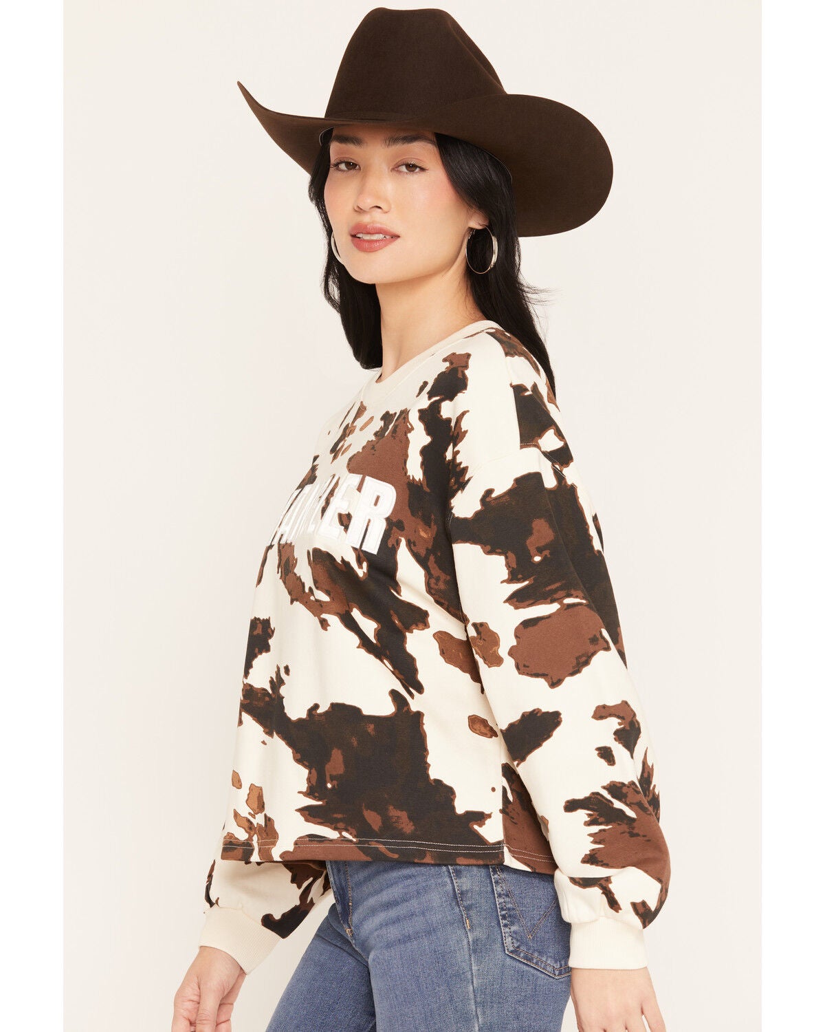 Image #2 - Wrangler Women's Cow Print Crew Neck Sweatshirt, Cream, hi-res