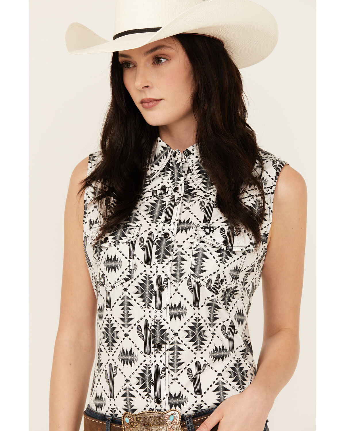 Image #2 - Cowgirl Hardware Women's Southwestern Print Sleeveless Snap Western Shirt, White, hi-res