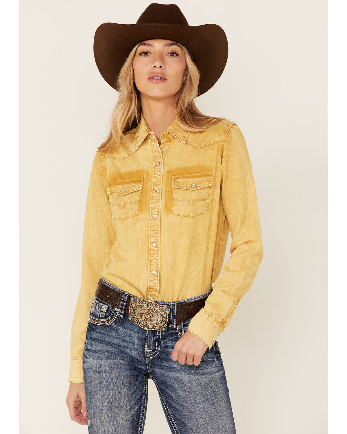 Image #1 - Kimes Ranch Women's Kaycee Denim Long Sleeve Pearl Snap Western Core Shirt, Camel, hi-res
