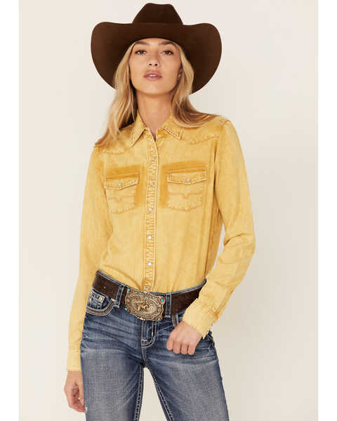 Kimes Ranch Women's Kaycee Denim Long Sleeve Pearl Snap Western Core Shirt , Camel, hi-res