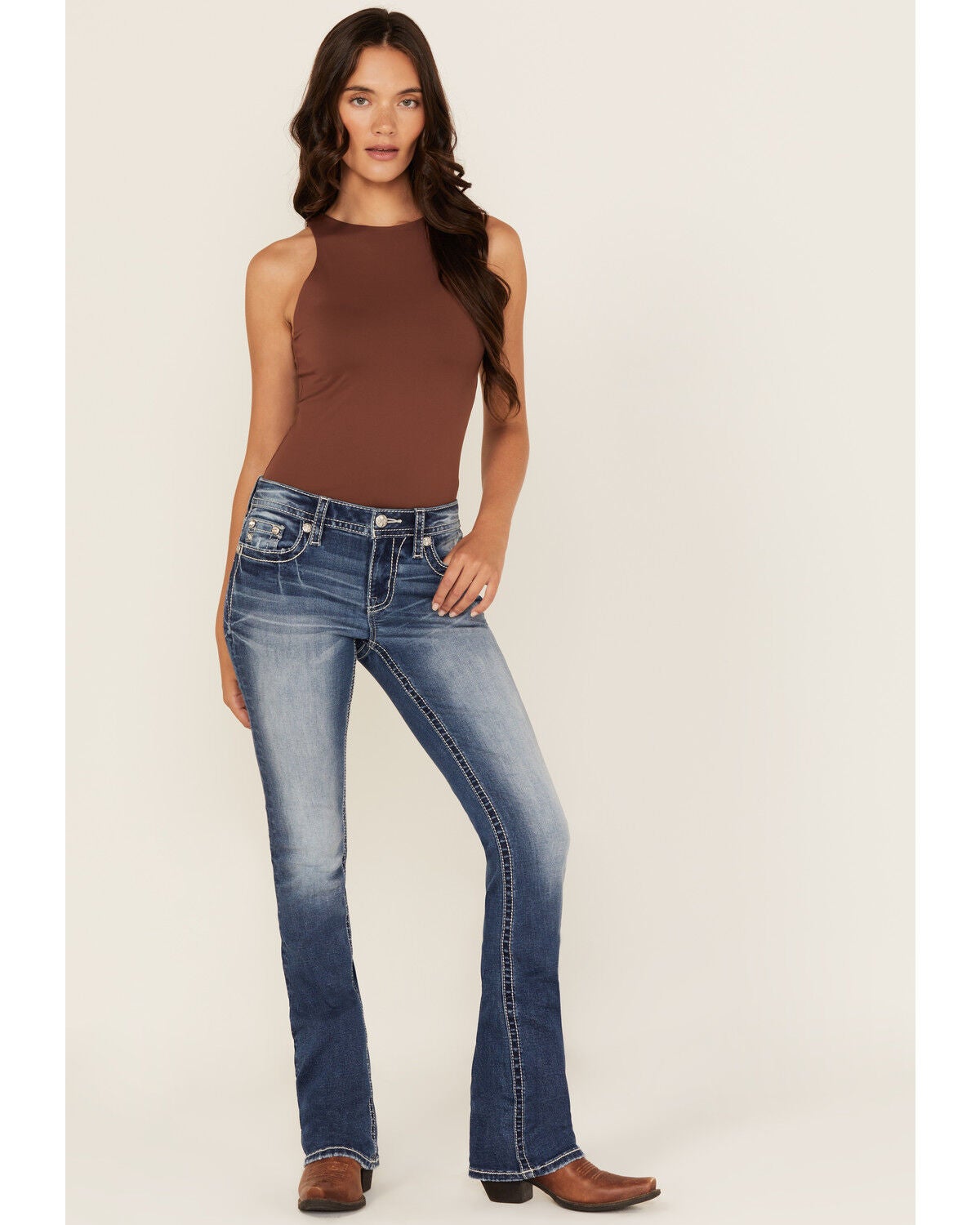 Miss Me Damen Bootcut Jeans - Low Rise, Mit Stein- Und Strassstein-Dekor, Größe 34