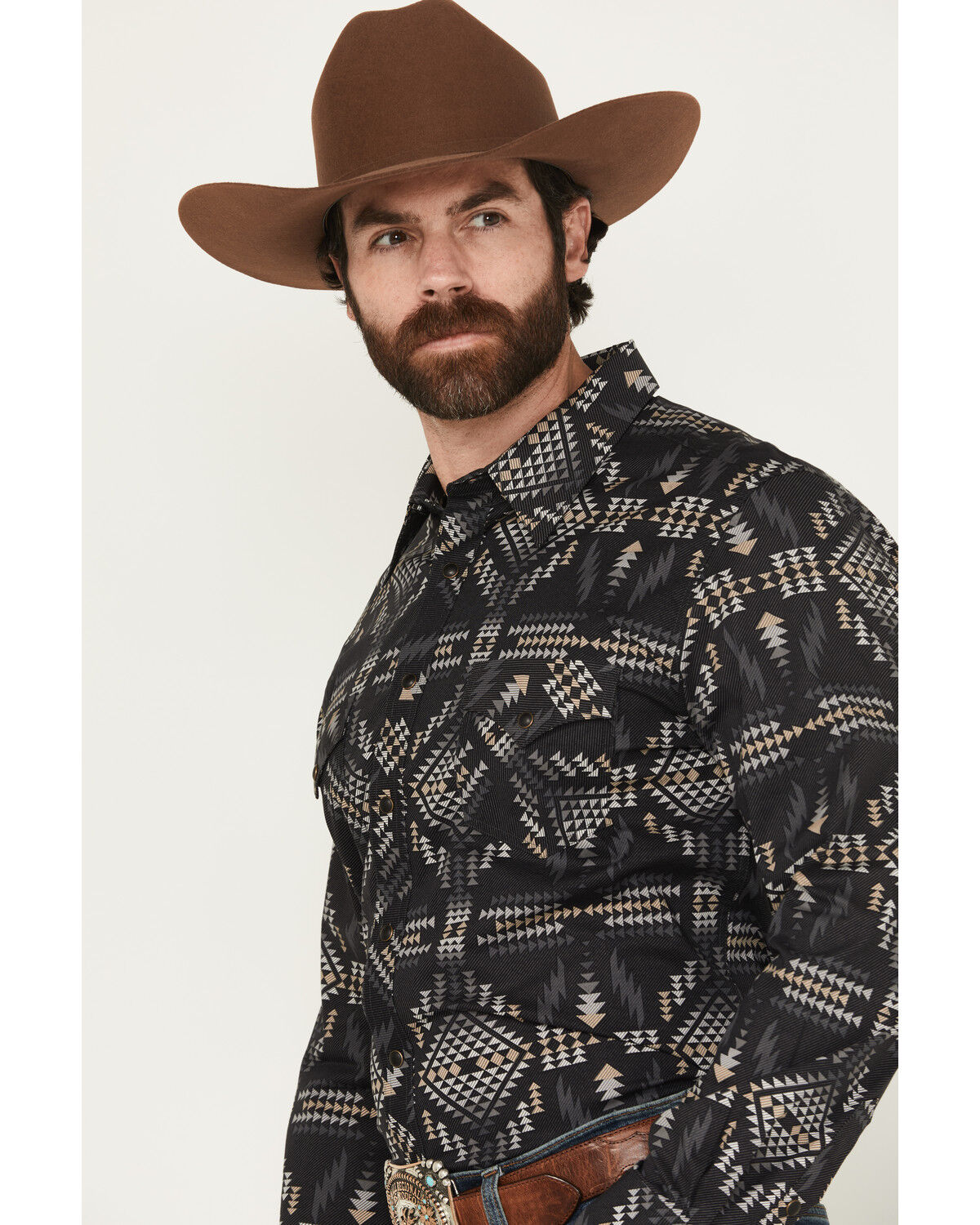 Image #2 - Rock & Roll Denim Men's Southwestern Print Long Sleeve Snap Stretch Western Shirt, Black, hi-res