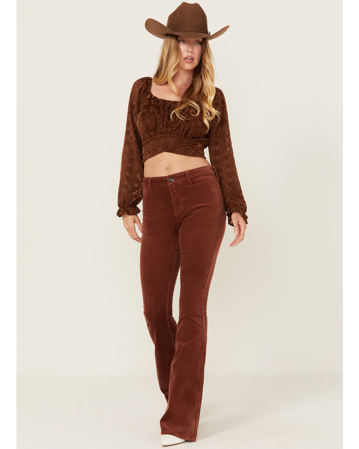 Image #3 - Rock & Roll Denim Women's High Rise Corduroy Button Flare Jeans, Rust Copper, hi-res