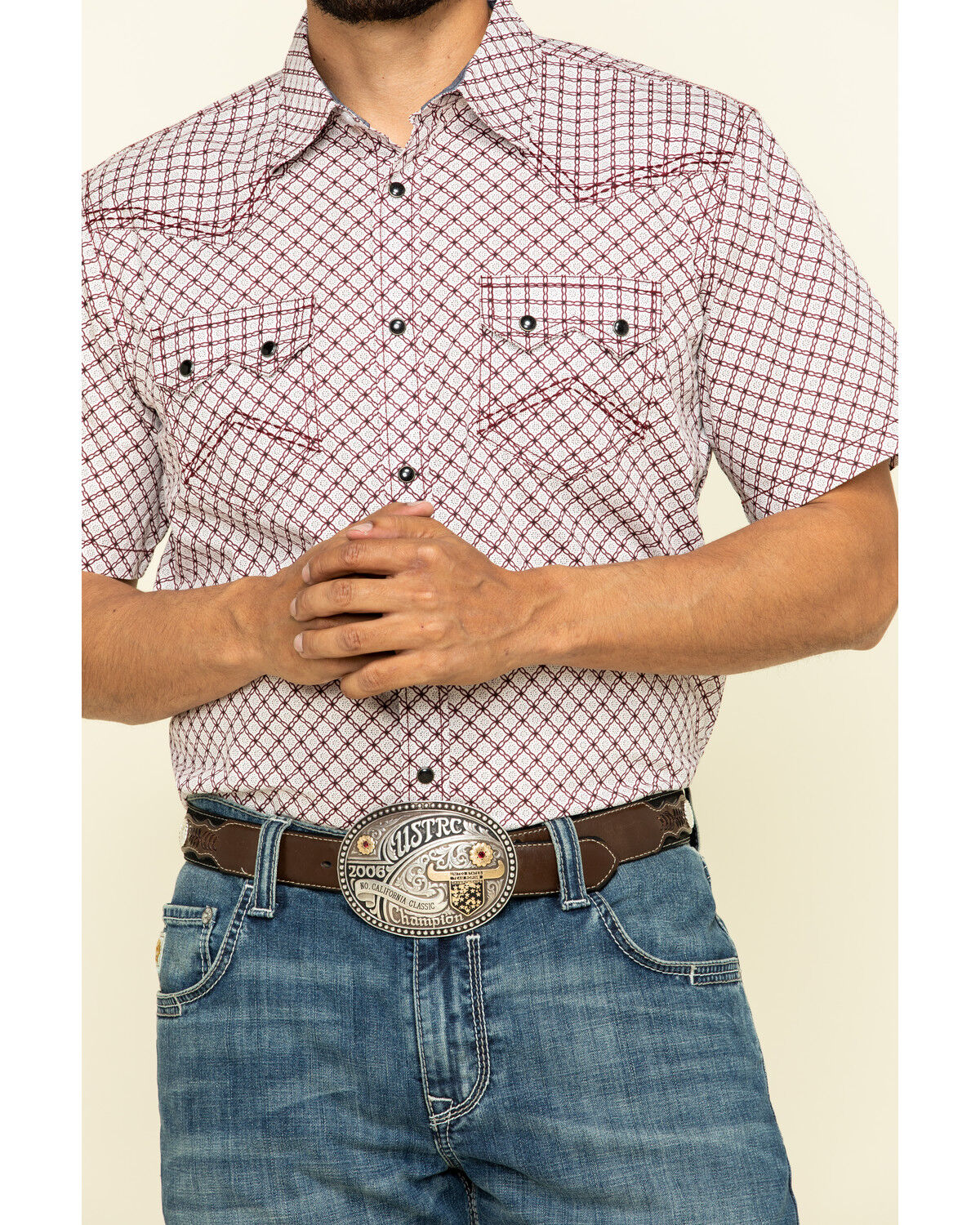 Image #4 - Cody James Men's Kaleidoscope Geo Print Short Sleeve Western Shirt, Maroon, hi-res