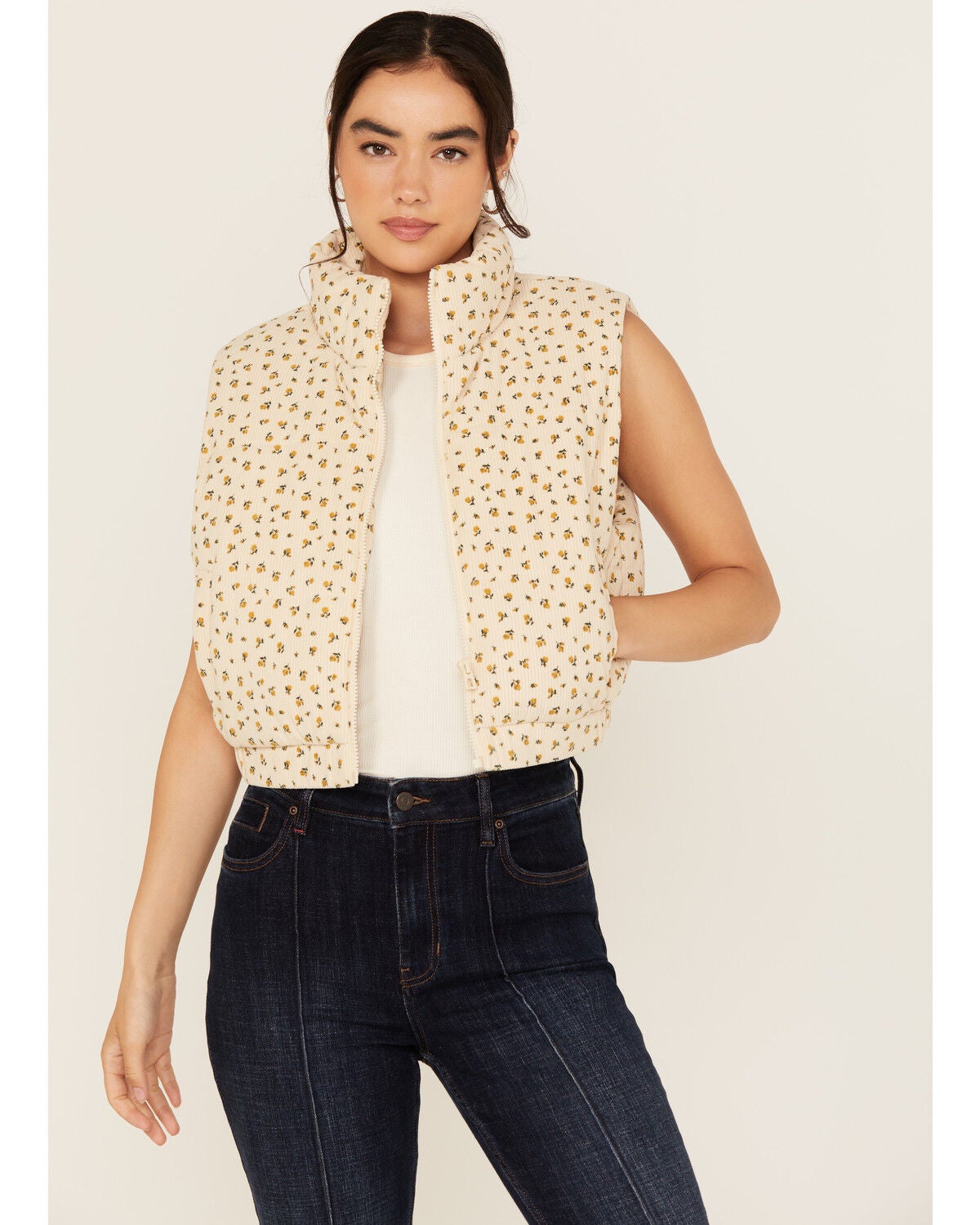 26 International Women's Floral Print Puffer Vest, Cream, hi-res