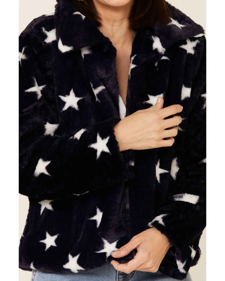 Hem & Thread Women's Navy Star Print Faux Fur Jacket , Navy, hi-res
