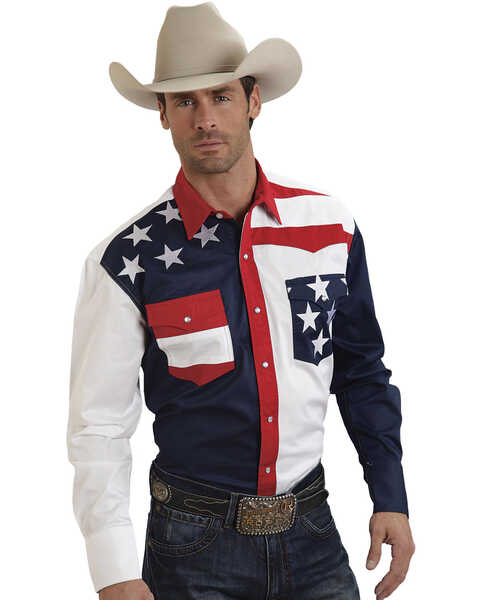 Image #1 - Roper Men's Americana Collection Stars and Stripes Print Long Sleeve Pearl Snap Western Shirt, Patriotic, hi-res