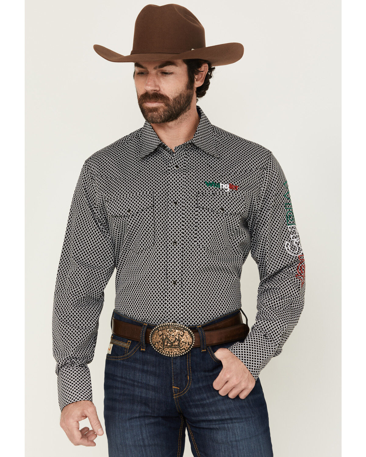 Image #1 - Wrangler Men's Mexico Logo Embroidered Geo Print Long Sleeve Snap Western Shirt, Black, hi-res