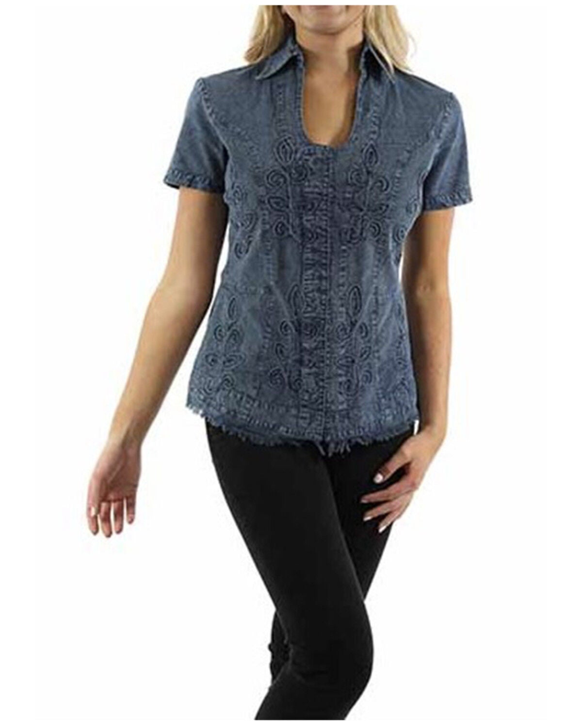 Scully Women's Embroidered Short Sleeve Button-Down Blouse, Dark Blue, hi-res