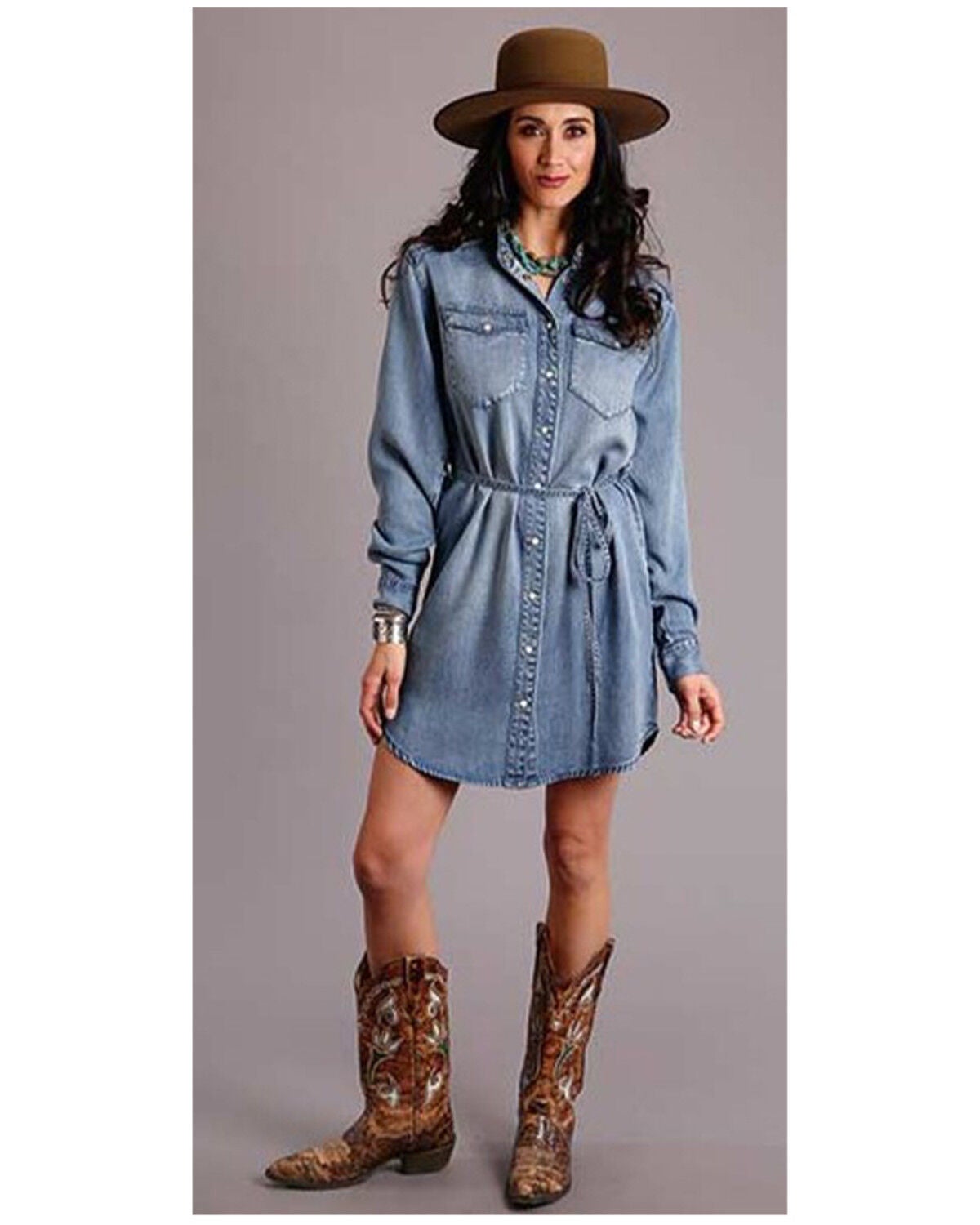 Image #1 - Stetson Women's Denim Snap Shirt Dress, Blue, hi-res