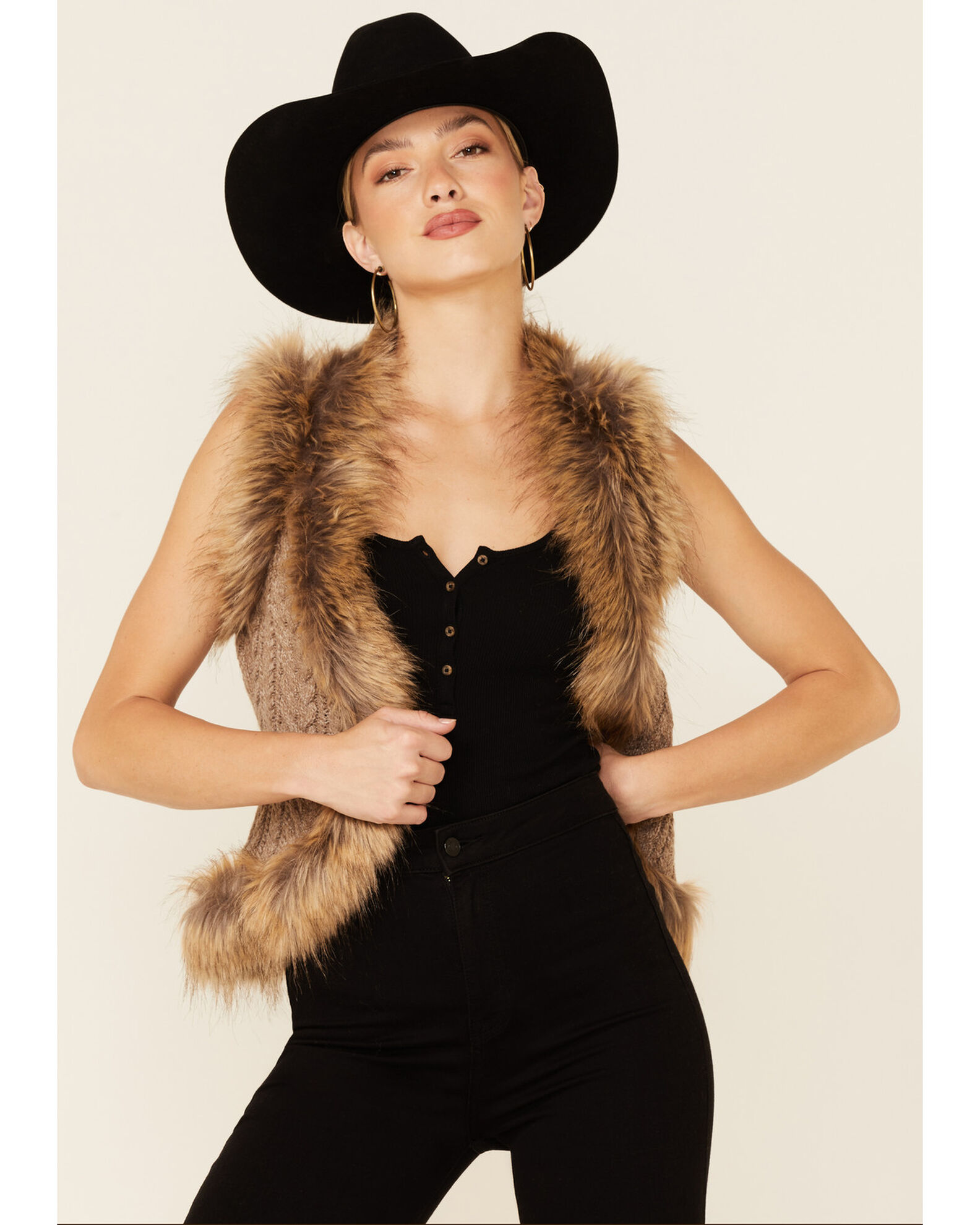 Shyanne Women s Brown Knit Faux Fur Trim Vest Country Outfitter