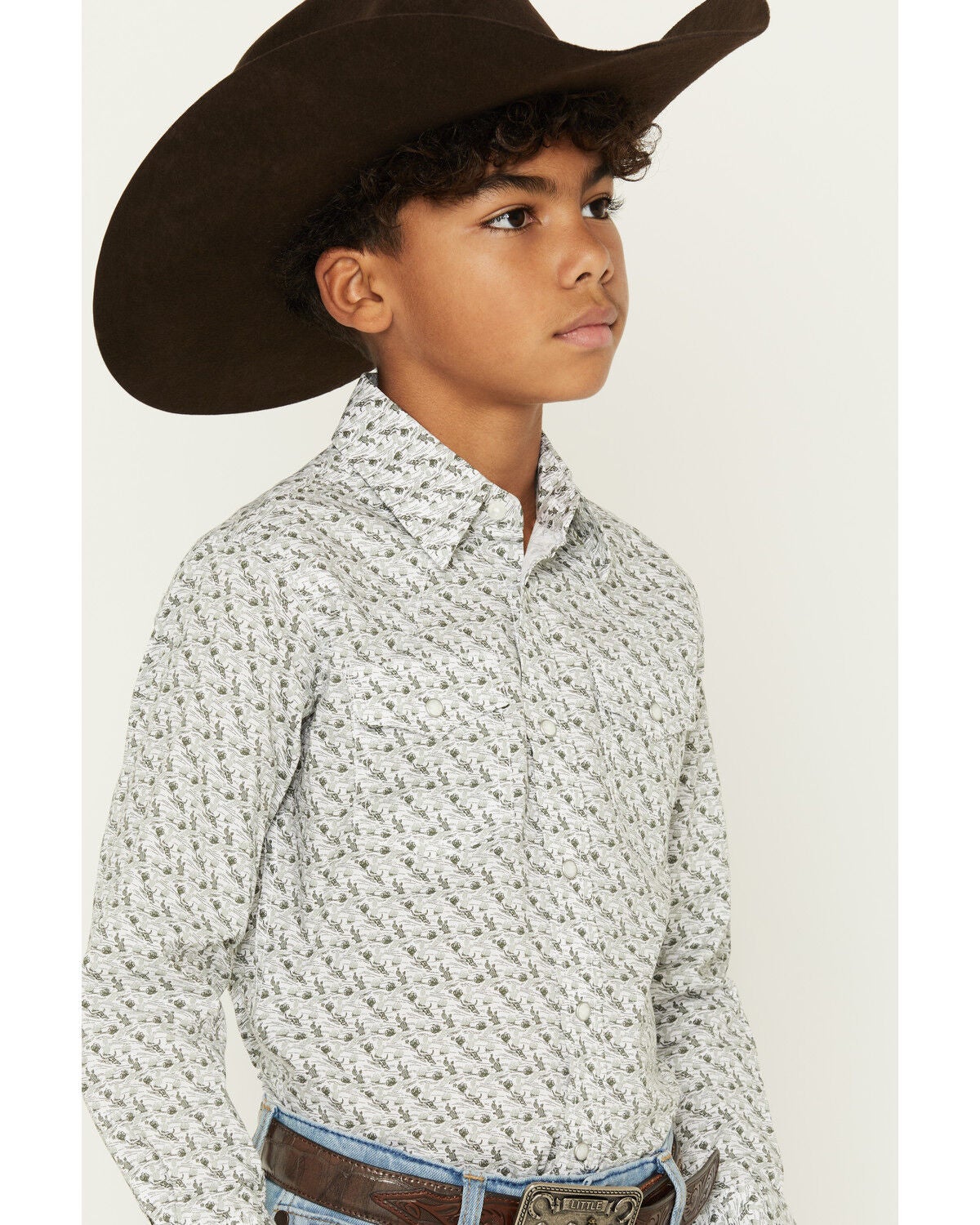 Image #2 - Wrangler 20X Boy's Conversational Print Long Sleeve Snap Stretch Western Shirt, Olive, hi-res