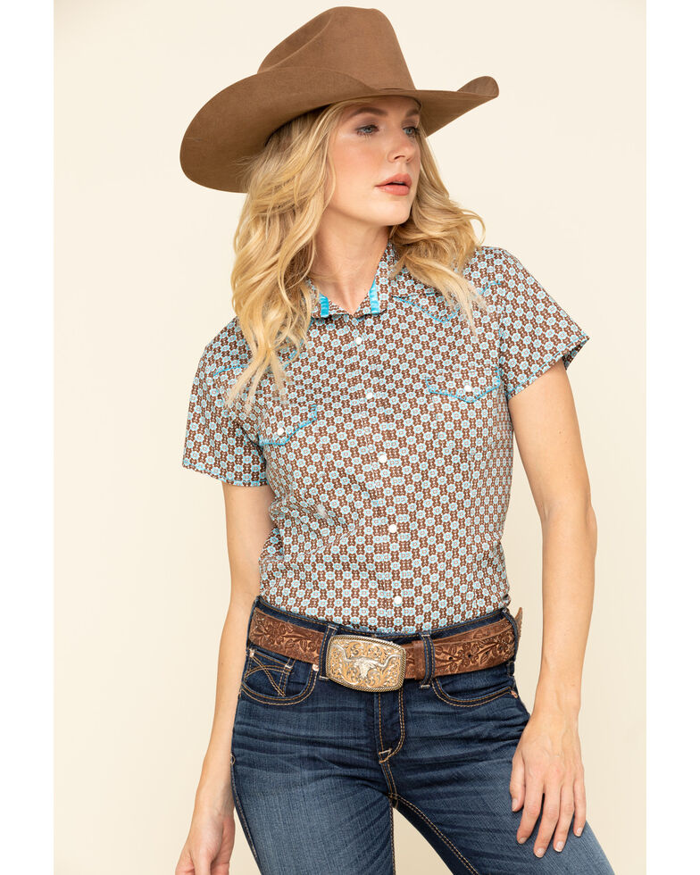 Rough Stock by Panhandle Women's Brown Geo Short Sleeve Western Shirt, Turquoise, hi-res