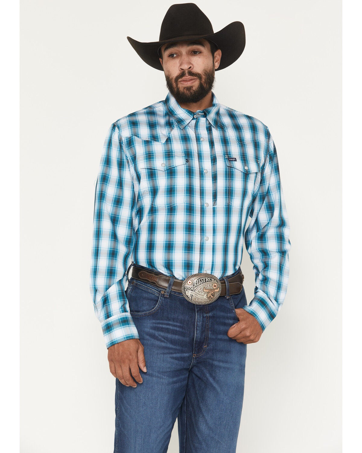 Image #1 - Wrangler Men's Plaid Print Long Sleeve Snap Performance Western Shirt, Teal, hi-res