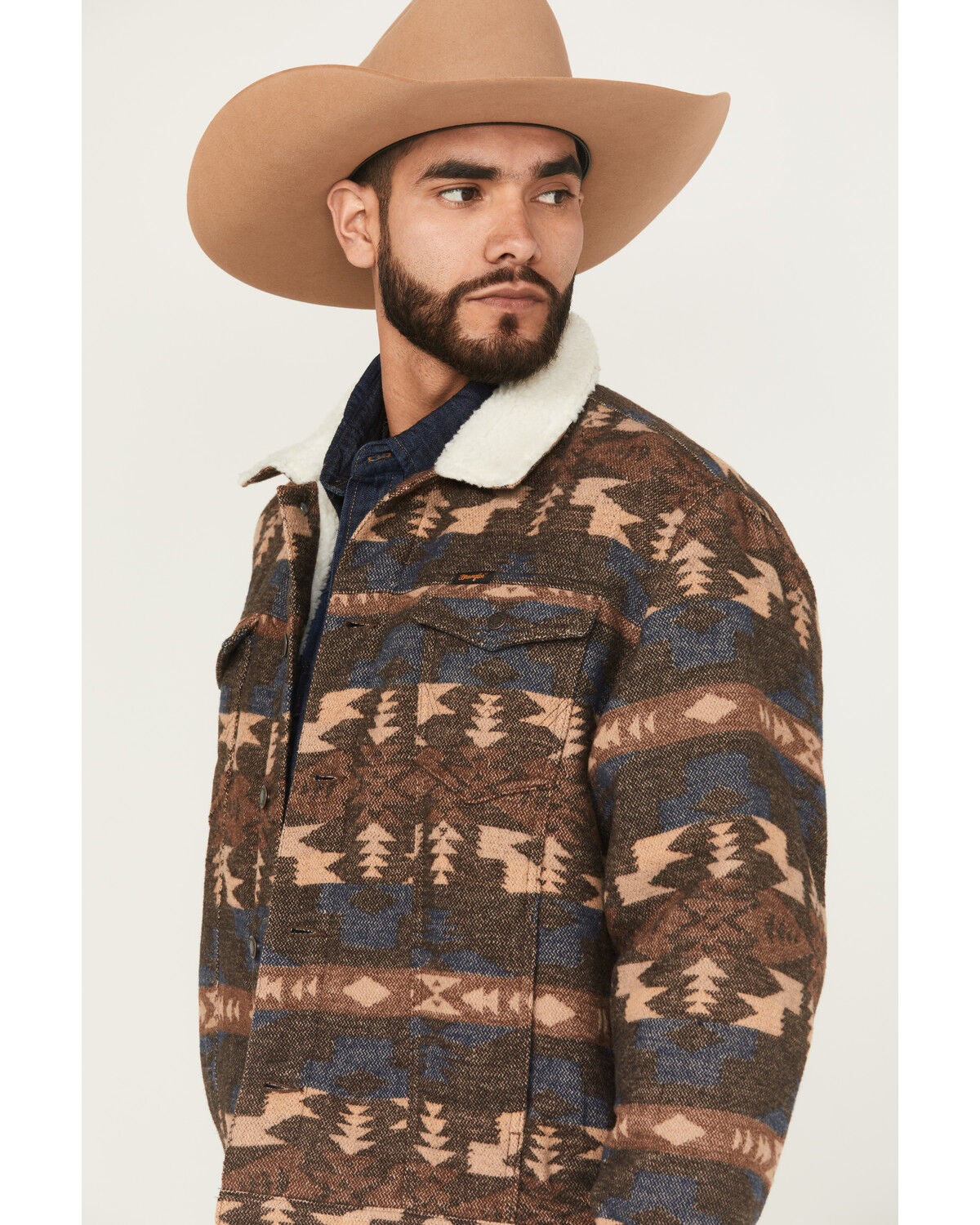 Image #2 - Wrangler Men's Southwestern Print Sherpa Lined Trucker Jacket, Brown, hi-res