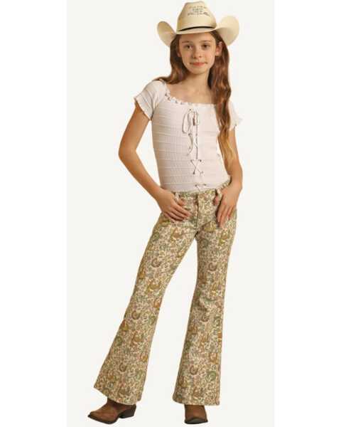 Rock & Roll Denim Girls' Floral Print Flare Stretch Denim Jeans , Beige, hi-res