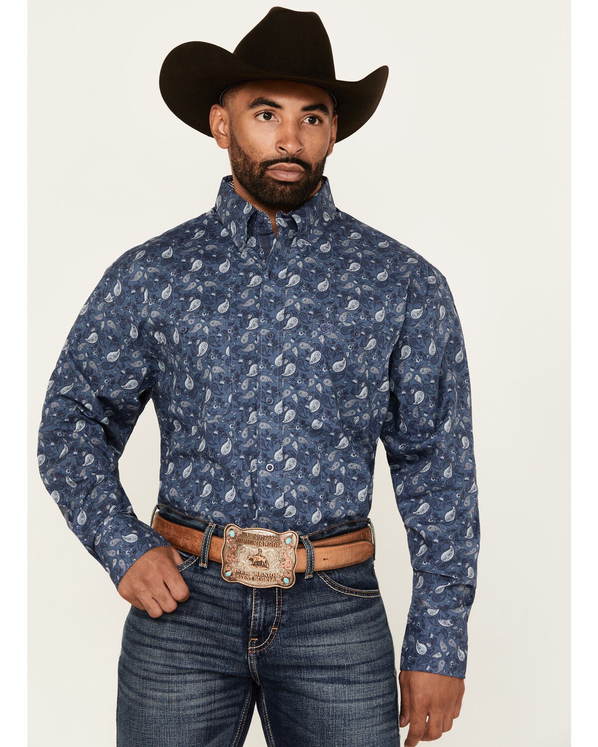 George Strait by Wrangler Men's Paisley Print Long Sleeve Button-Down Stretch Western Shirt - Tall, Navy, hi-res
