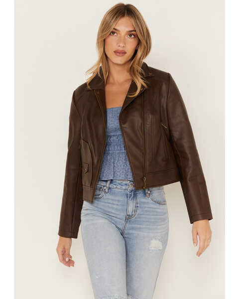 Cleo + Wolf Women's Faux Leather Moto Jacket, Brown, hi-res