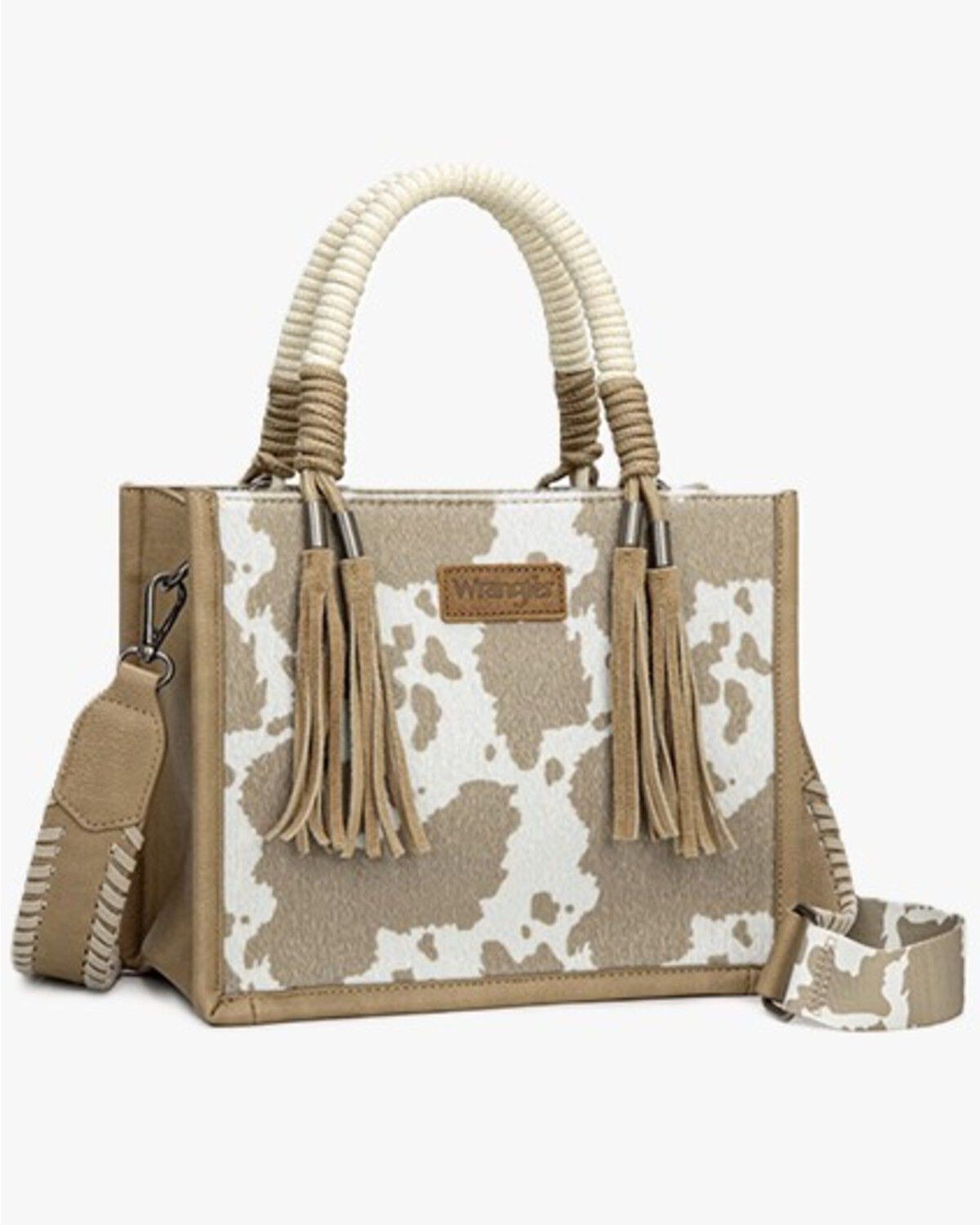 Image #1 - Wrangler Women's Cow Print Crossbody Tote, Khaki, hi-res