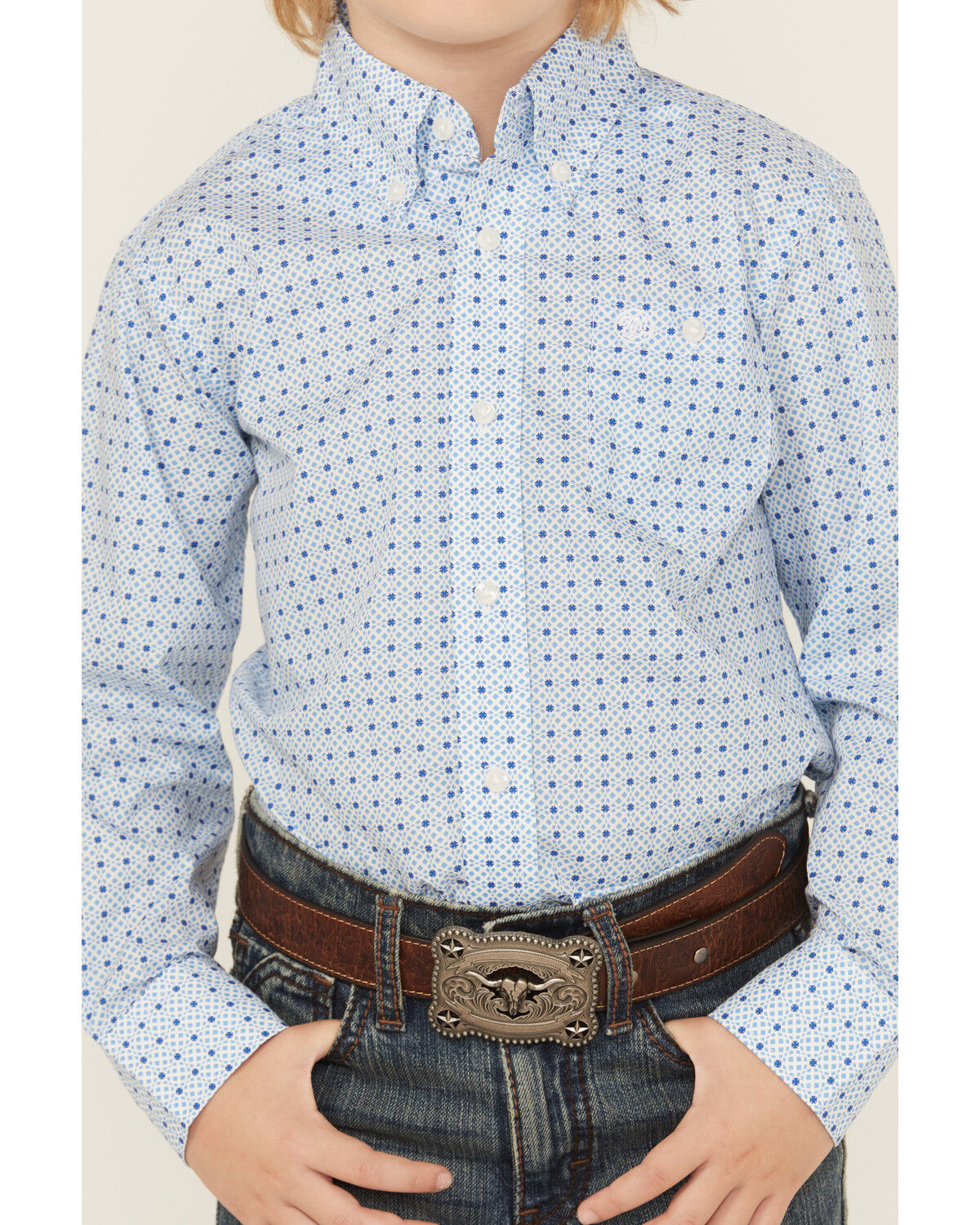 Image #2 - Wrangler Boys' Dotted Long Sleeve Button-Down Stretch Western Shirt, Blue, hi-res