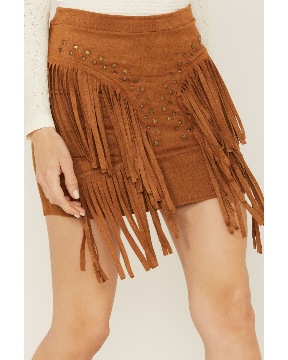 Image #2 - Vocal Women's Studded Fringe Skirt, Camel, hi-res