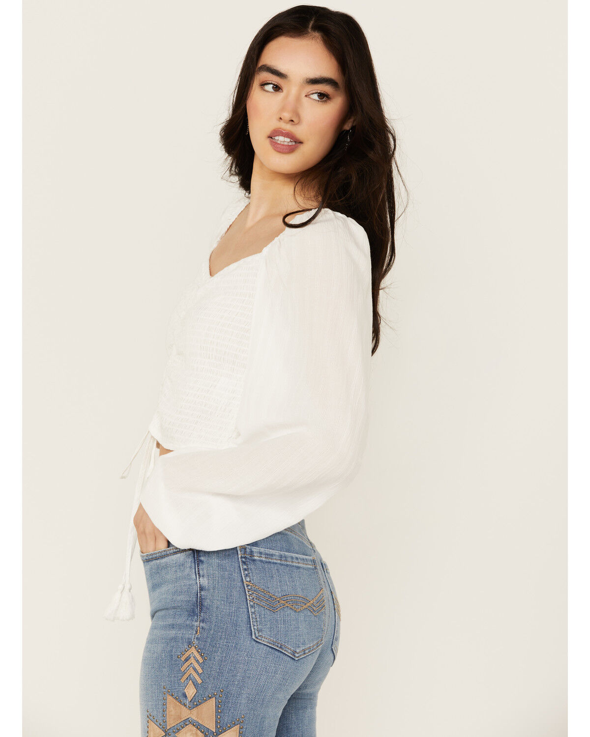 Image #3 - Idyllwind Women's Lena Smocked Long Sleeve Cropped Blouse, Ivory, hi-res