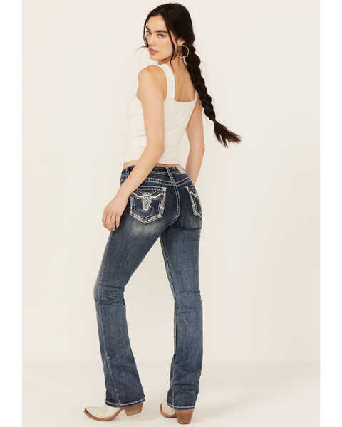 Grace In LA Women's Medium Wash Sequin Longhorn Pocket Mid Rise Bootcut Stretch Denim Jeans, Medium Wash, hi-res