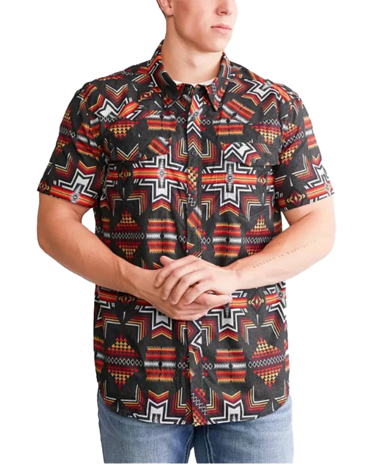 Image #1 - Rock & Roll Denim Men's Tek Southwestern Print Short Sleeve Snap Western Shirt, Black, hi-res
