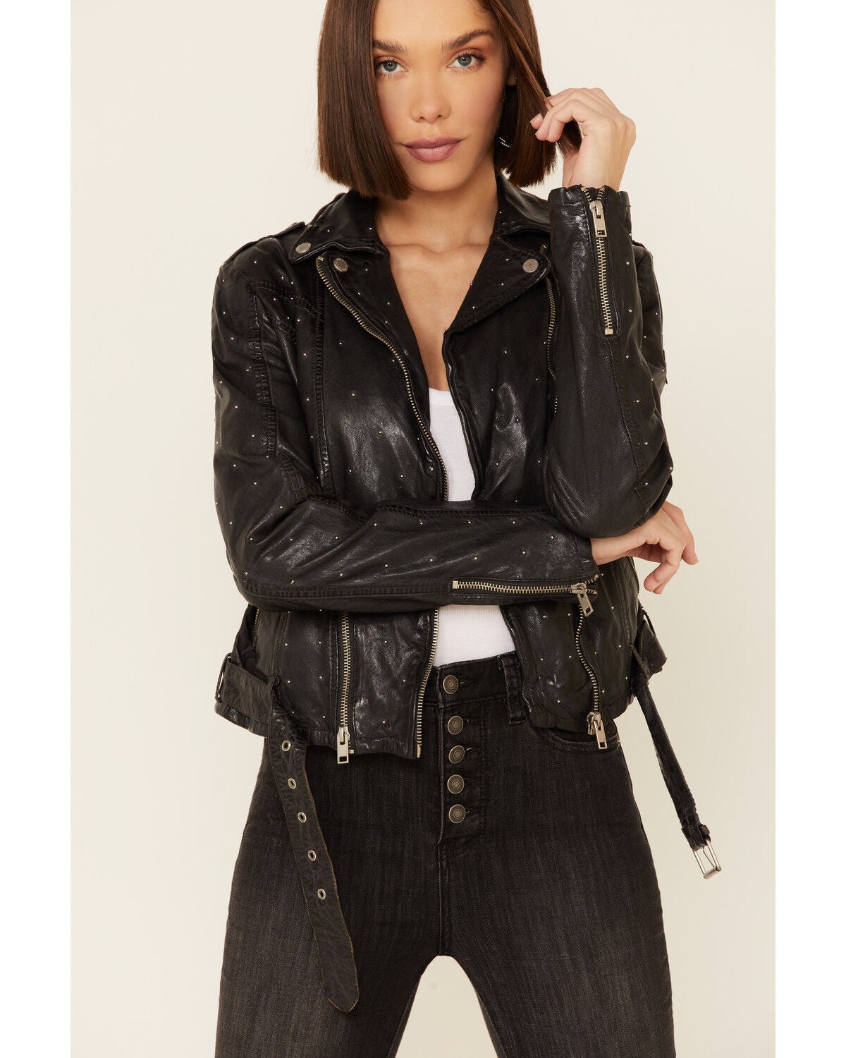 Image #3 - Mauritius Leather Women's Grey Saddy Studded Leather Moto Jacket , , hi-res