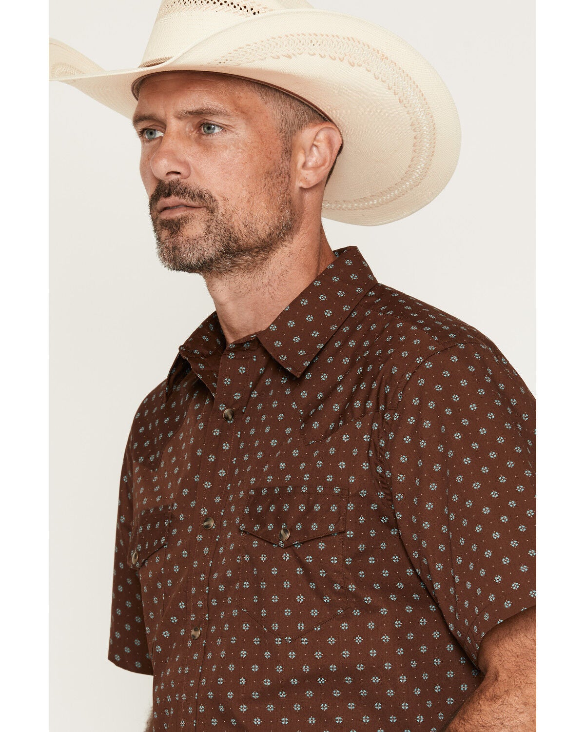 Image #2 - Gibson Trading Co Men's Gamer Geo Print Short Sleeve Snap Western Shirt, Brown, hi-res